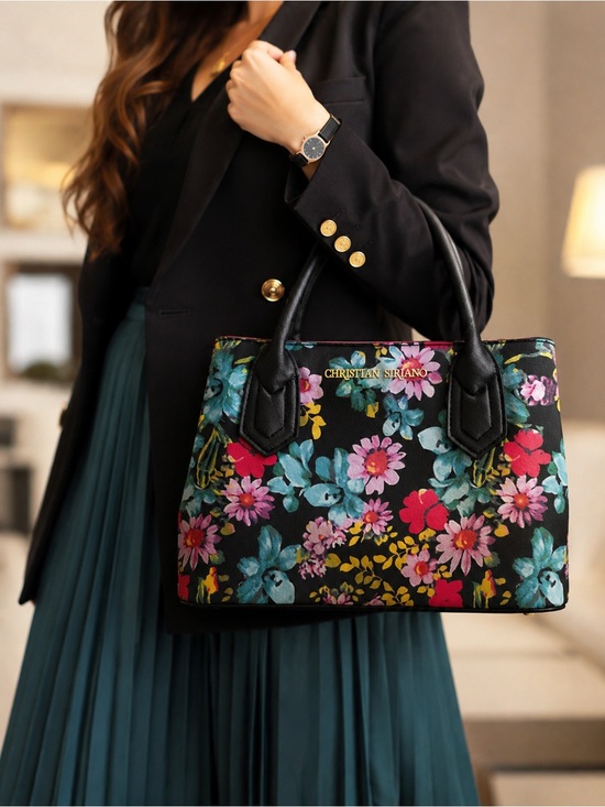 Christian Siriano Handbags - Christian Siriano Black Floral Tote with Pink & Teal Blooms